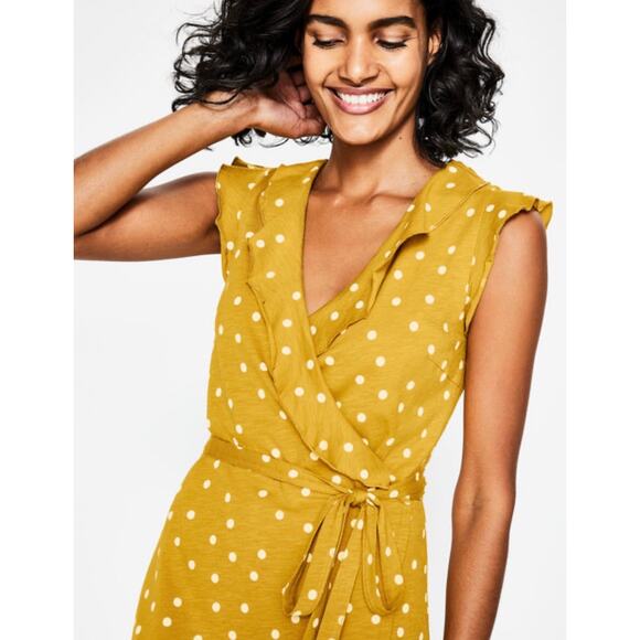 Boden Jodie Wrap Dress Sleeveless Ruffle Polka Dot Cotton Yellow 10L Tall Boho - Picture 1 of 14